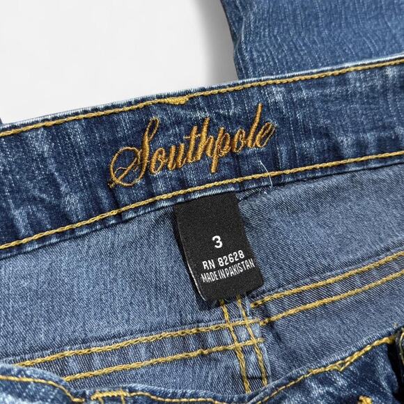 Y2K Southpole Blue Washed Denim Gold Floral Embroidered Boot-Cut Low Rise Jeans - Picture 7 of 8